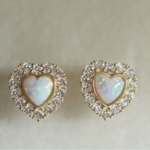 Gold Plated Heart-Shaped Opal and CZ Stud Earrings. New.